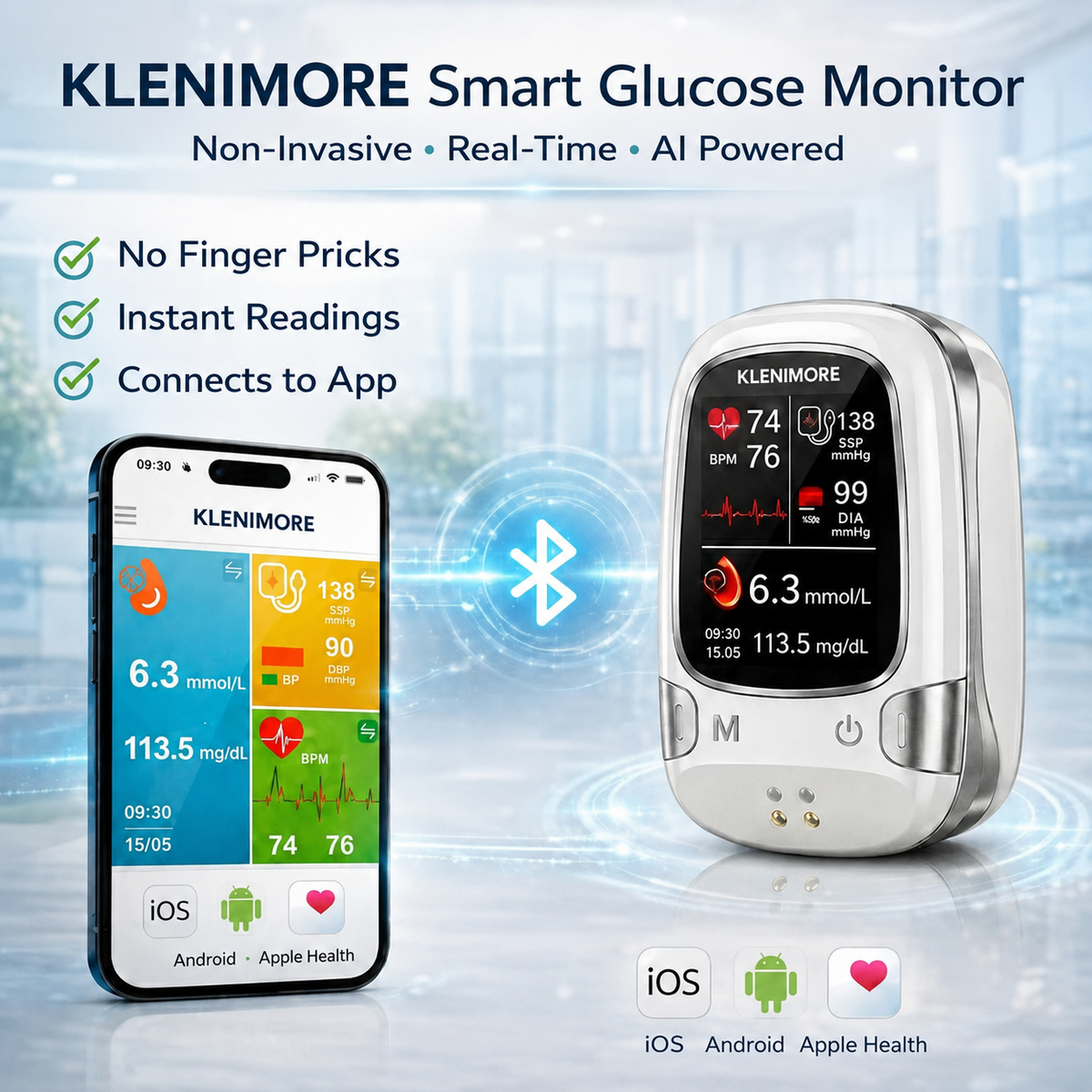 KLENIMORE smart monitor shown with phone application