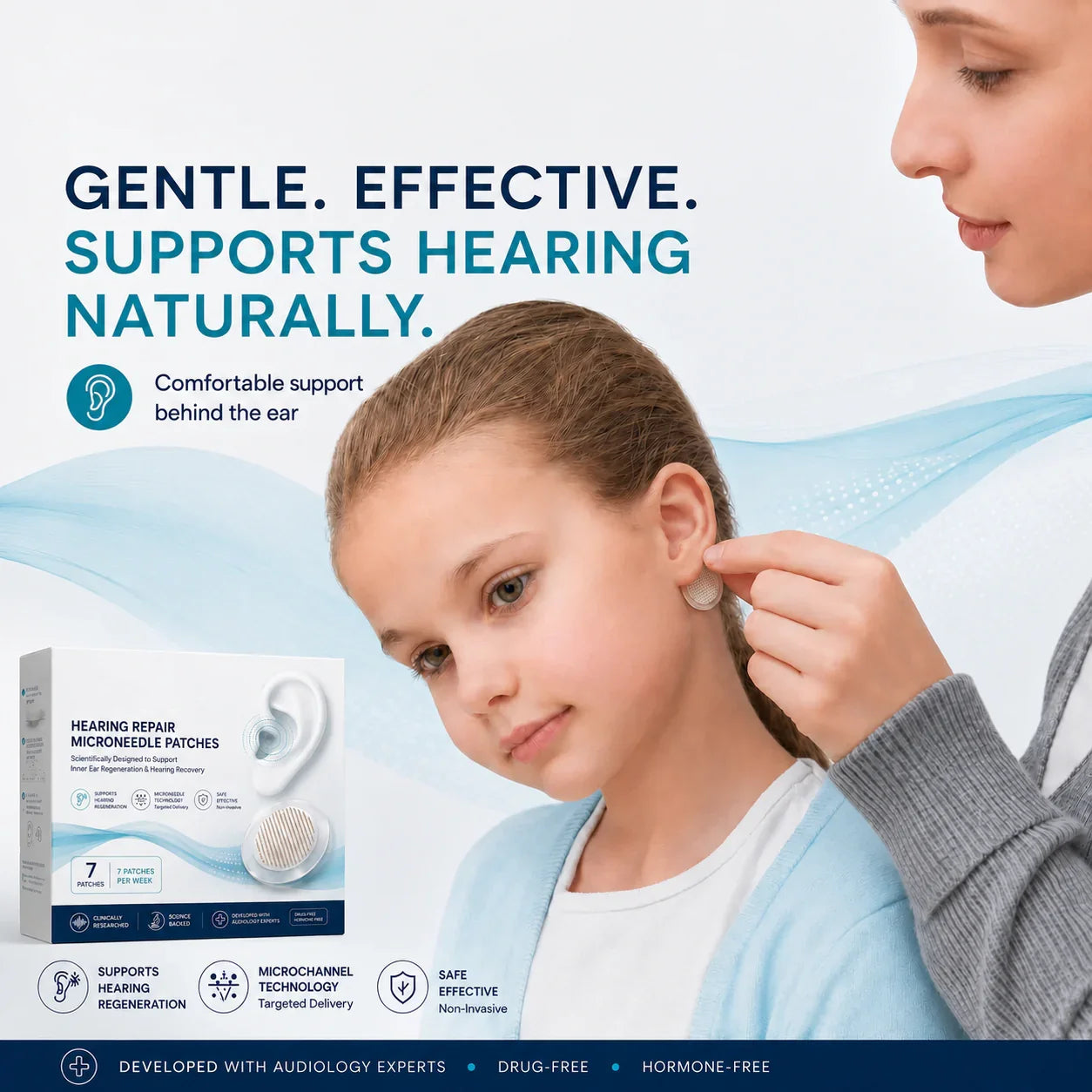 Adult applying a patch behind a child's ear